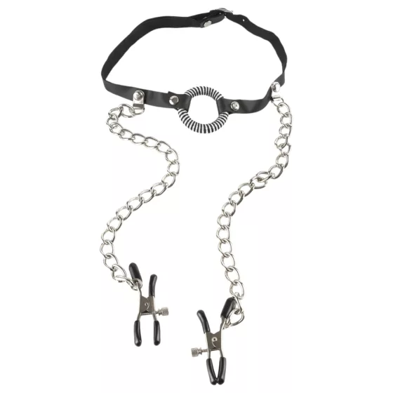 Fetish O-Ring - Mouth Gag with Nipple Clamps