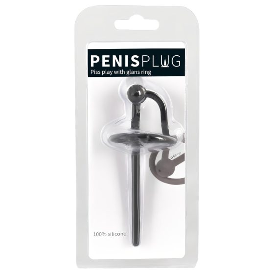 Hollow Silicone Urethral Plug with Glans Ring (Black)