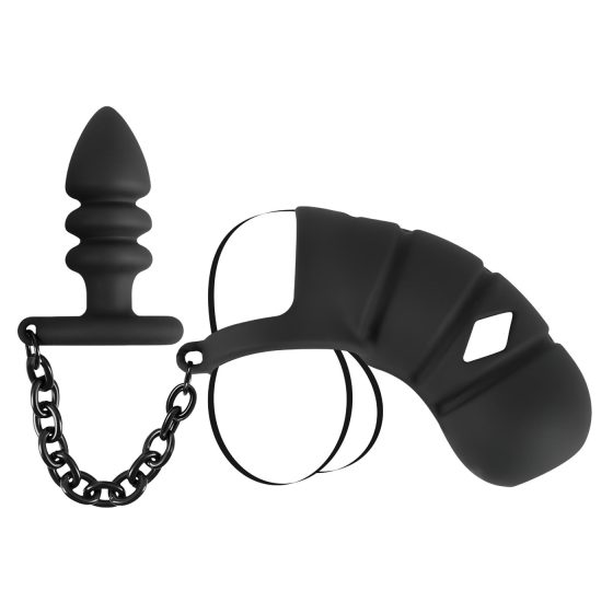 Black Velvet - Silicone Chastity Cage with Anal Plug (Black)