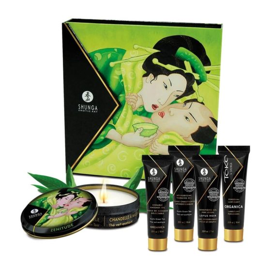 Shunga Geisha - green tea lube, massage oil and candle set (5 pieces) -