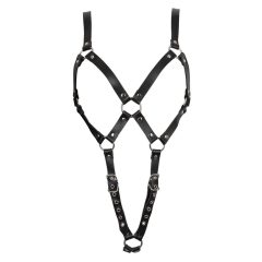Metal ring leather body harness with straps (black)