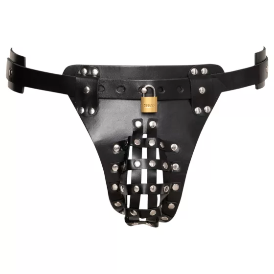 ZADO - black leather chastity thong with 2 padlocks (S-2XL)