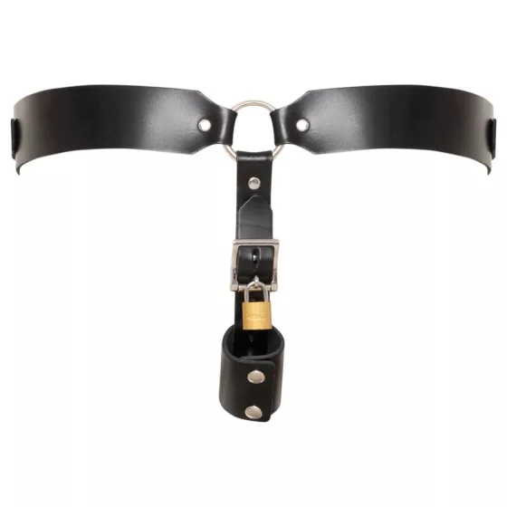 ZADO - black leather chastity thong with 2 padlocks (S-2XL)