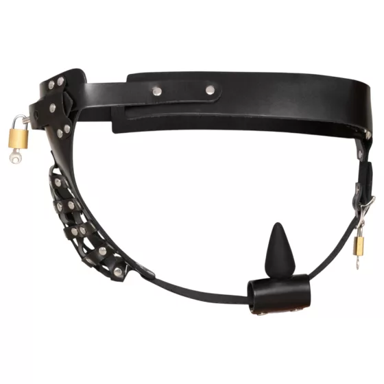 ZADO - black leather chastity thong with 2 padlocks (S-2XL)