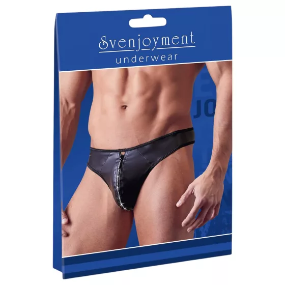 Svenjoyment - Shiny Men's Thong with Rhinestone Zipper (Black) - M