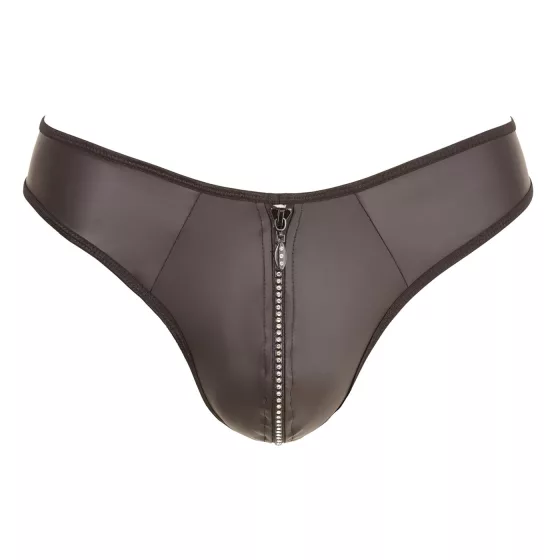 Svenjoyment - Shiny Men's Thong with Rhinestone Zipper (Black) - M