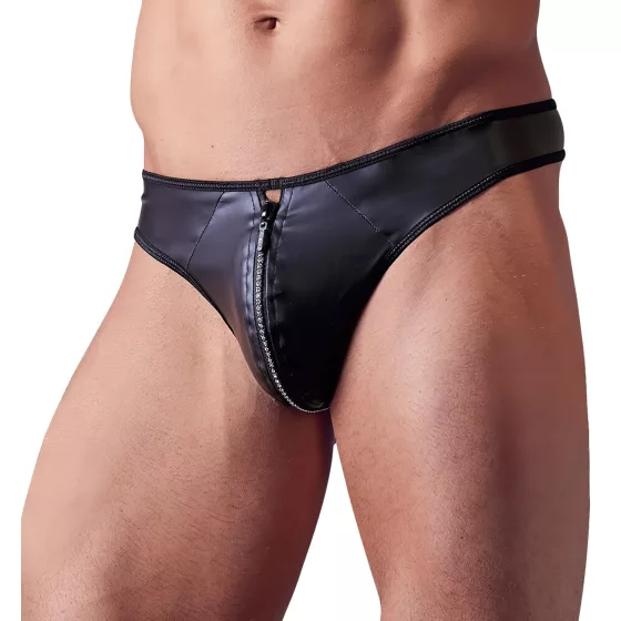 Svenjoyment - Shiny Men's Thong with Rhinestone Zipper (Black) - XL