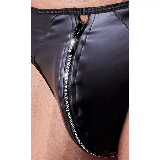 Svenjoyment - Shiny Men's Thong with Rhinestone Zipper (Black) - XL