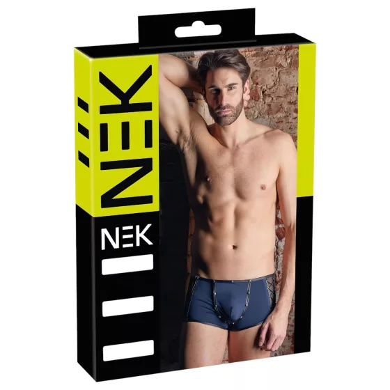 NEK - black lace‑up fishnet‑panel boxer shorts (blue)