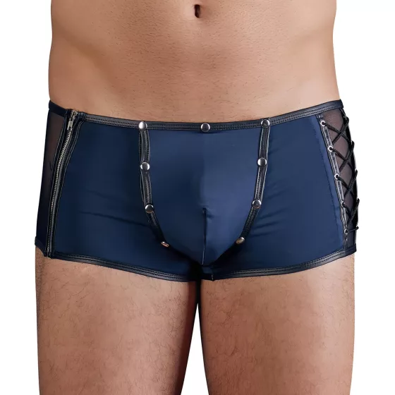 NEK - black lace‑up fishnet‑panel boxer shorts (blue)
