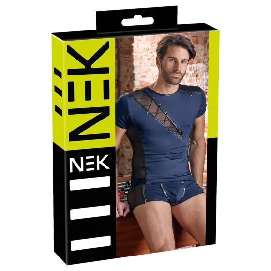 NEK - Men's Black Lace-Up Top with Fishnet Details (Blue) - L