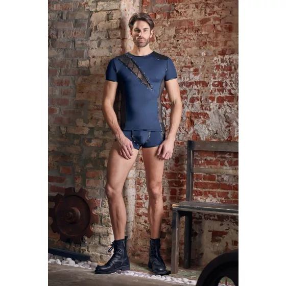 NEK - Men's Black Lace-Up Top with Fishnet Details (Blue) - L