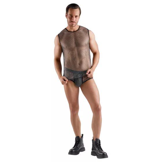 Svenjoyment - transparent, rhinestone sleeveless mesh top for men (black)