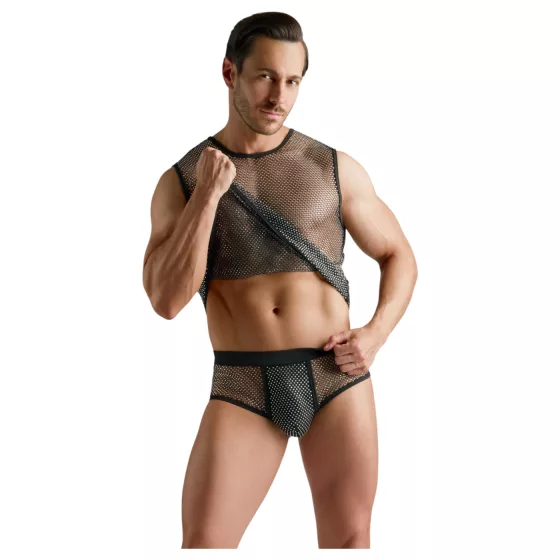 Svenjoyment - transparent, rhinestone sleeveless mesh top for men (black)