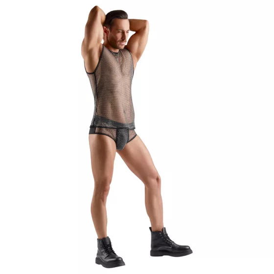 Svenjoyment - transparent, rhinestone sleeveless mesh top for men (black)