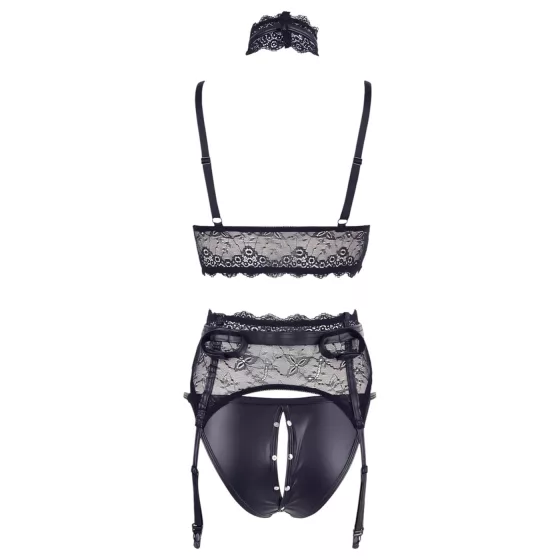 Cottelli Bondage - Lace Lingerie Set with Cuffs (Black) - L