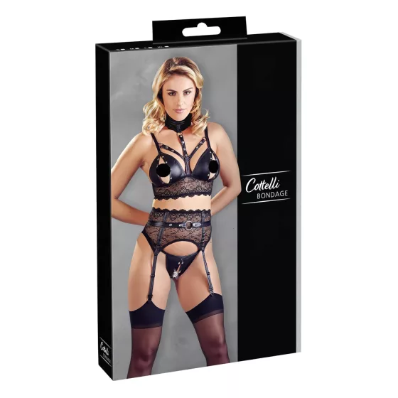 Cottelli Bondage - Lace Lingerie Set with Cuffs (Black) - XL