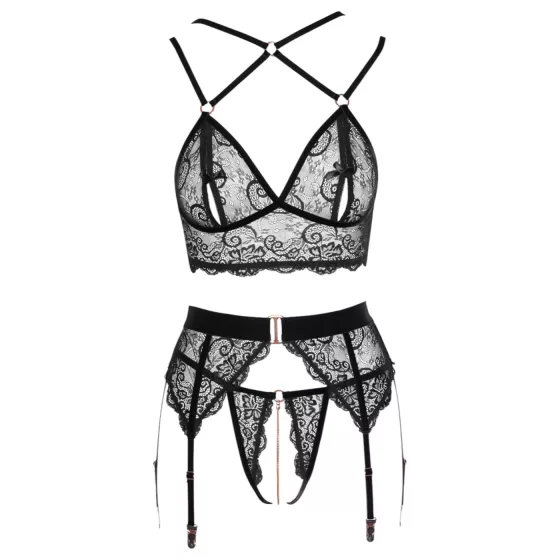 Abierta Fina - Lace Lingerie Trio (Black) - XL