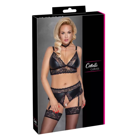 Cottelli Curves - Shiny Lingerie Set (Black) - 2XL