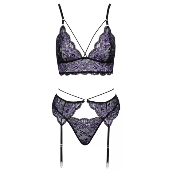 Cottelli - 3-Piece Lace Lingerie Set (Black-Violet) - XL