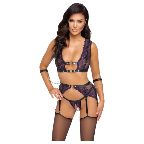 Cottelli Bondage - Black & Purple Lingerie Set with Handcuffs