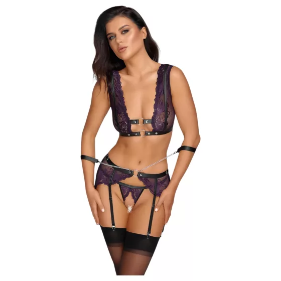 Cottelli Bondage - Lingerie Set with Handcuffs (Black-Purple)