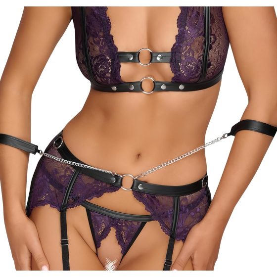 Cottelli Bondage - Black & Purple Lingerie Set with Handcuffs