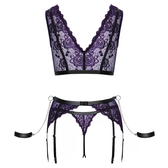 Cottelli Bondage - Lingerie Set with Handcuffs (Black-Purple) - M