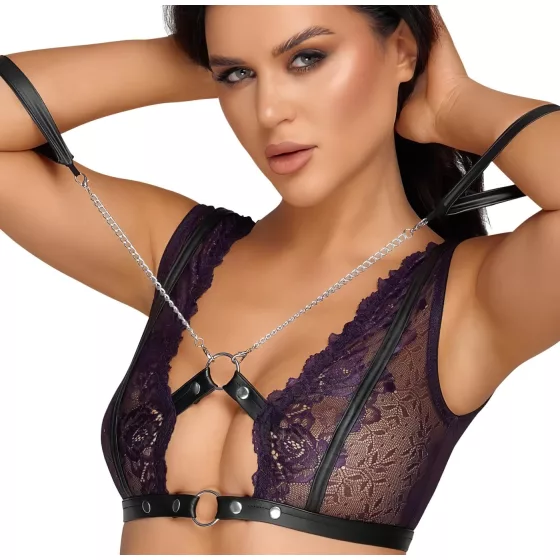 Cottelli Bondage - Lingerie Set with Handcuffs (Black-Purple) - XL