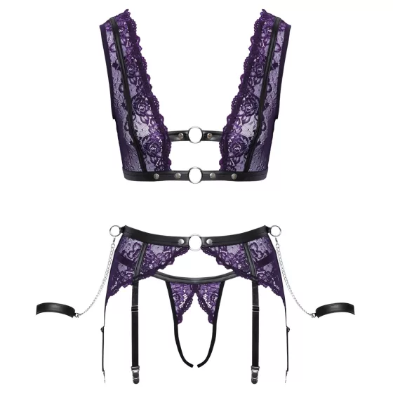 Cottelli Bondage - Lingerie Set with Handcuffs (Black-Purple) - XL