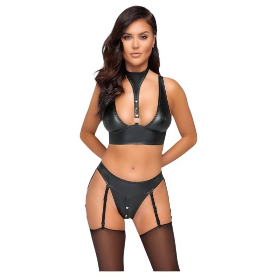 Cottelli Bondage - Shiny Black Bra Set with Cuffs