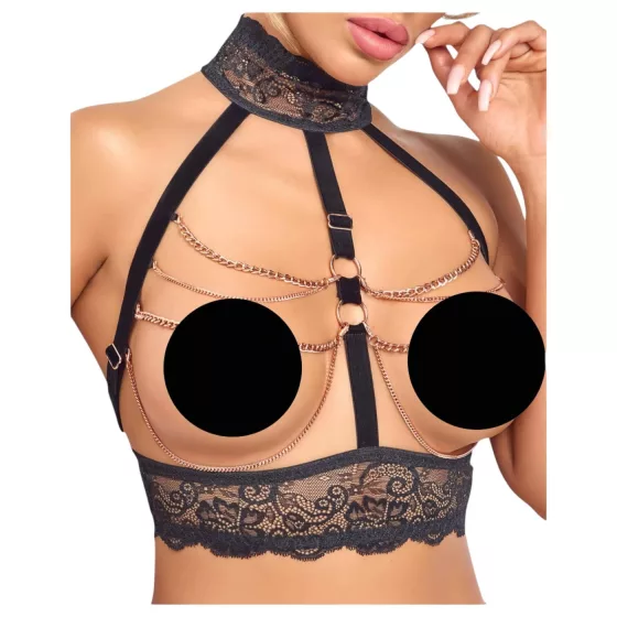 Abierta Fina - Chain Open Lingerie Set (Black) - M