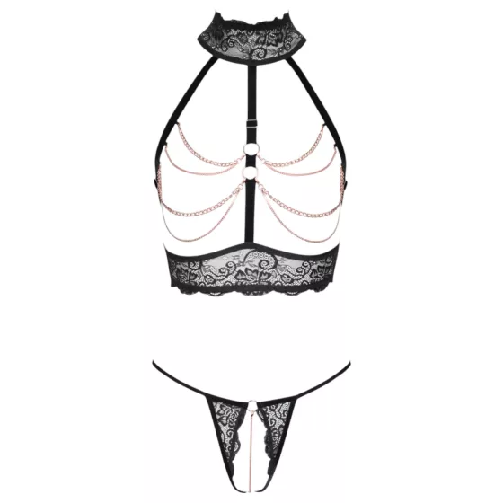 Abierta Fina - Chain Open Lingerie Set (Black) - M