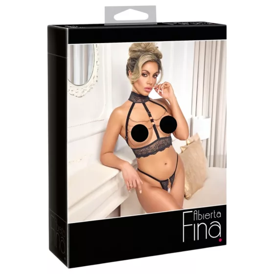 Abierta Fina - Chain Open Lingerie Set (Black) - L