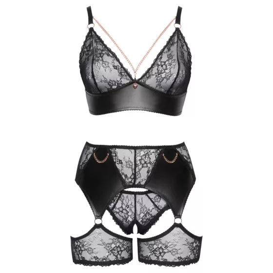 Cottelli Curves - Lace & Leather Accented Bra Set (Black)