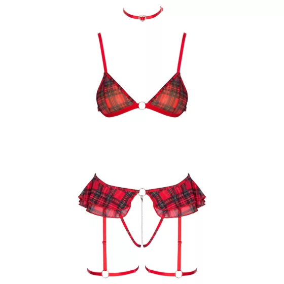 Cottelli - checked lingerie set with suspenders (red check) - M