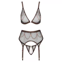 Abierta Fina - three‑piece fishnet suspender set (black)