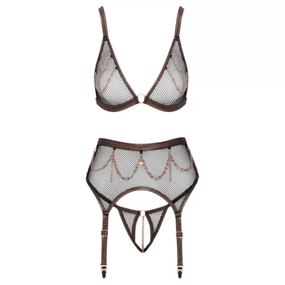 Abierta Fina - three‑piece fishnet suspender set (black)