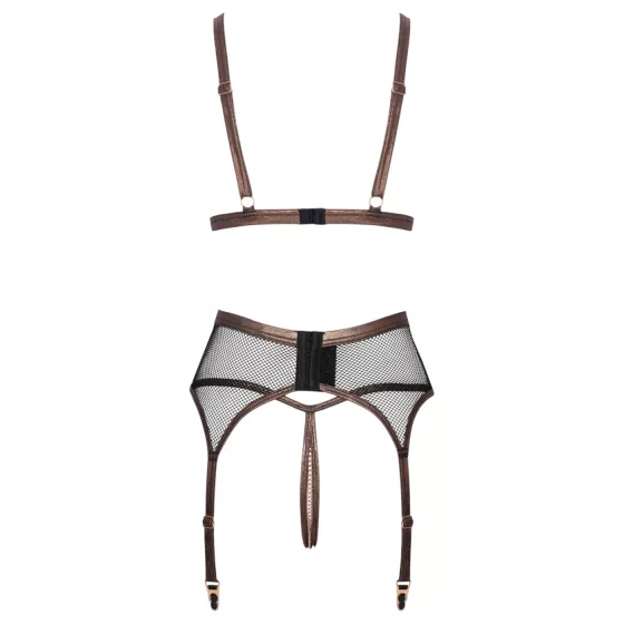 Abierta Fina - three‑piece fishnet suspender set (black)