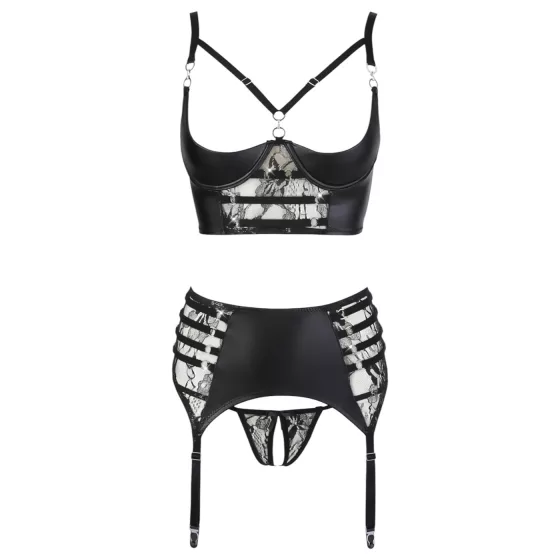 Abierta Fina - sparkling strappy lace lingerie set (black) - 80B/M
