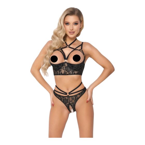 Abierta Fina - Open Cup Bra and Thong (Black-Gold)