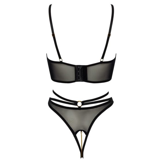 Abierta Fina - Open Cup Bra and Thong (Black-Gold)