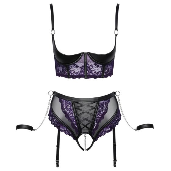 Cottelli Bondage - Bra Set & Wrist Cuffs (Black-Purple)