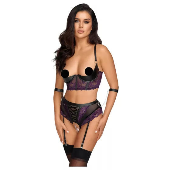 Cottelli Bondage - Bra Set & Wrist Cuffs (Black-Purple) - L