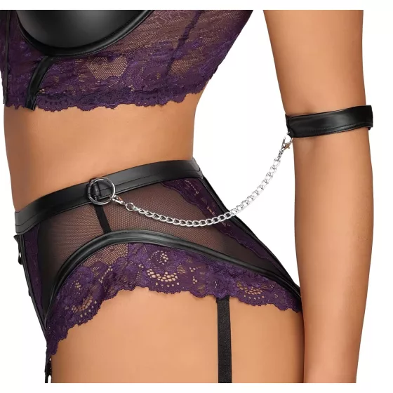 Cottelli Bondage - Bra Set & Wrist Cuffs (Black-Purple) - L