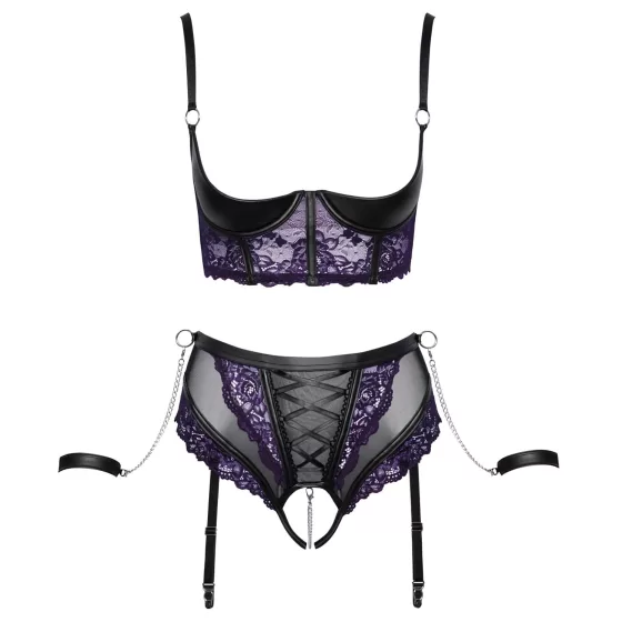 Cottelli Bondage - Bra Set & Wrist Cuffs (Black-Purple) - L