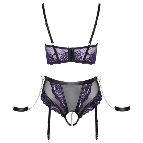 Cottelli Bondage - Bra Set & Wrist Cuffs (Black-Purple) - L