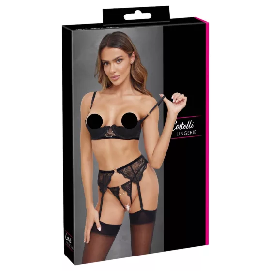 Cottelli - lace bra, suspender belt and open thong with chains (black)