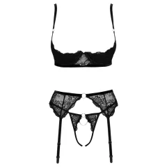   Cottelli - lace bra, suspender belt and open thong with chains (black)