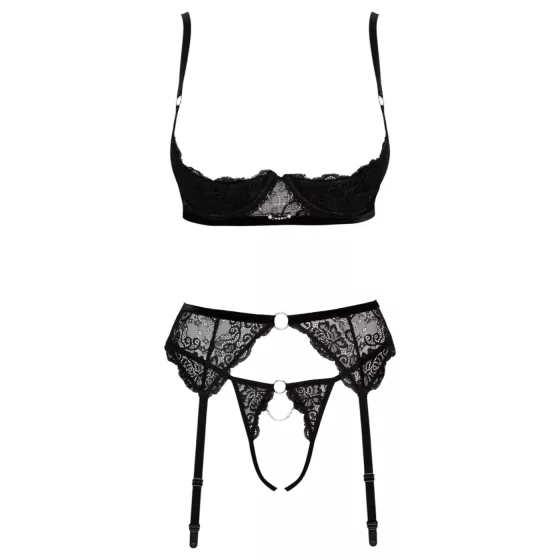 Cottelli - lace bra, suspender belt and open thong with chains (black)
